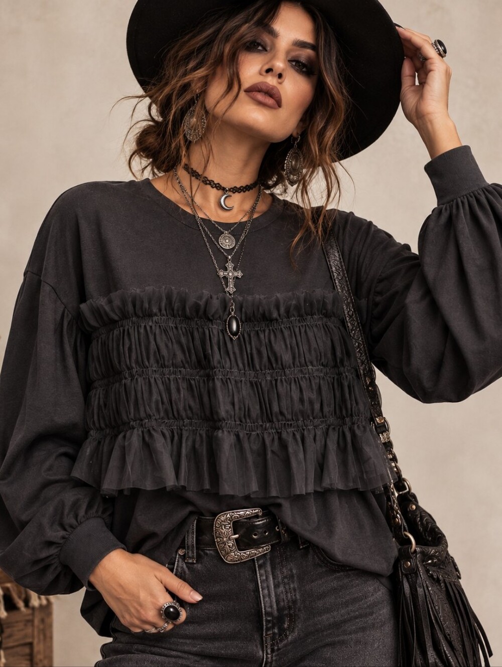 Women's Size Medium Ruffle Front Blouse Balloon Sleeve Dark Grey